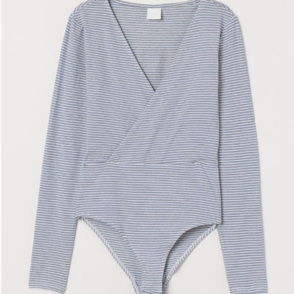 H&M women's bodysuit blue and white striped with v neck and wrap
